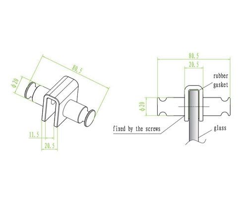 Technische tekening van een glasklem met rubber lip en schroefbevestiging, inclusief maataanduidingen