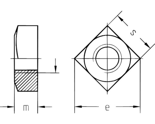 Technische tekening van een vierkante moer met afmetingen