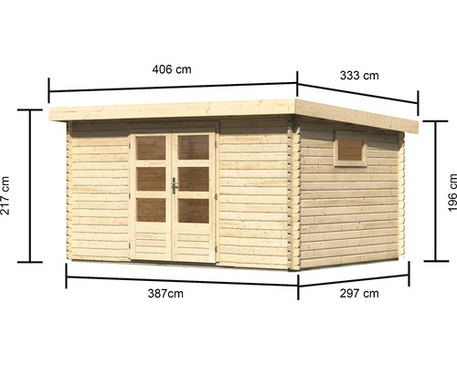 Afbeelding van een houten huis met afmetingen in centimeters.