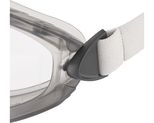 Gedetailleerde opname van een veiligheidsbril met transparant montuur en verstelbare hoofdband.