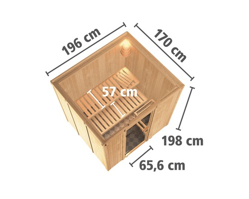 Sauna met afmetingen 196 cm bij 170 cm bij 198 cm