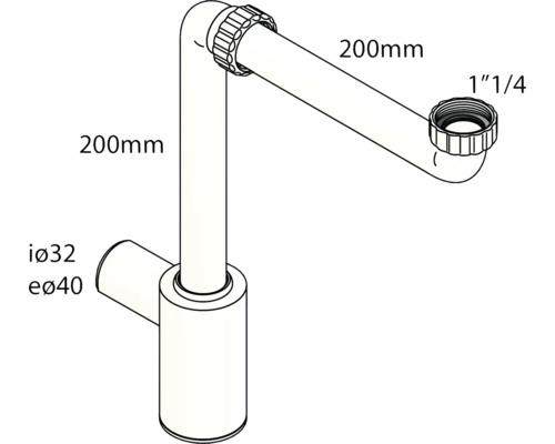 Sifon met een lengte van 200 millimeter en een aansluiting van een en een kwart inch