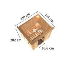 Sauna met afmetingen 210 cm, 184 cm, 202 cm en 65,6 cm