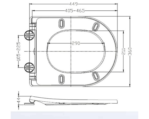 Technische tekening van een toiletbril met maataanduidingen.