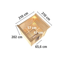 Bovenaanzicht van een sauna met afmetingen: 210 cm breedte, 210 cm diepte, 202 cm hoogte, zitbank 57 cm en 47 cm, deur 65,6 cm.