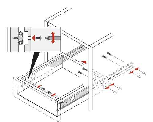 Illustratie van de montage van een lade met schroeven