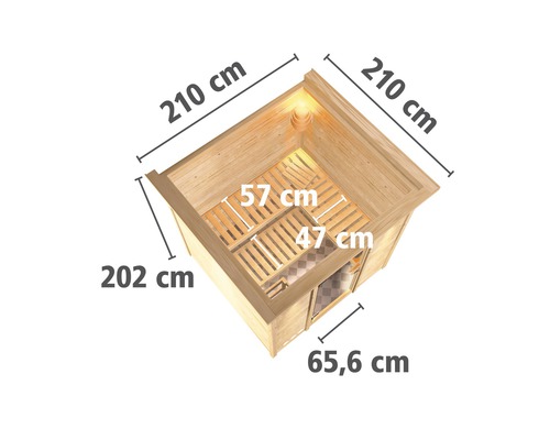 Bovenaanzicht van een sauna met afmetingen van 210 bij 210 bij 202 centimeter
