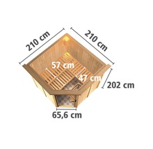 Afmetingen van een elementsauna met een lengte en breedte van 210 centimeter en een hoogte van 202 centimeter