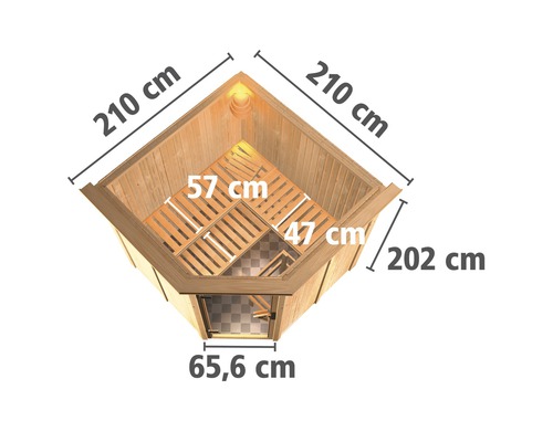 Afmetingen van een elementsauna met een lengte en breedte van 210 centimeter en een hoogte van 202 centimeter