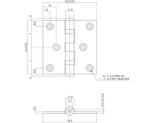 Technische tekening van een deurscharnier met maatvoering