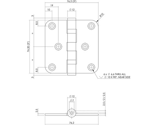 Technische tekening van een scharnier met afmetingen