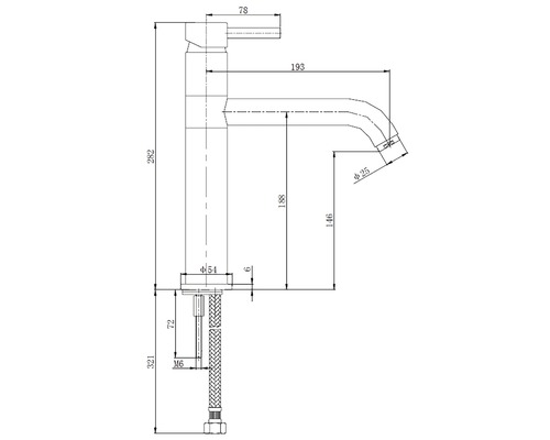 Technische tekening van een wastafelkraan met maataanduidingen