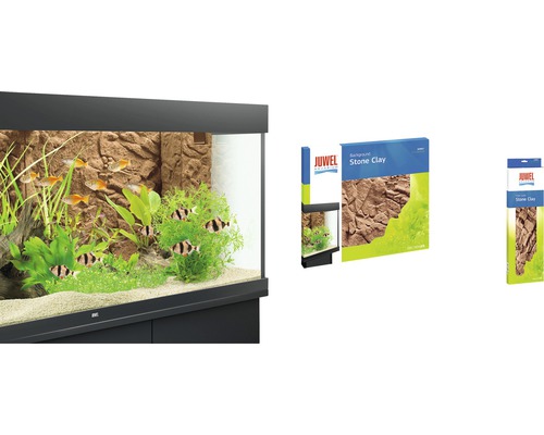 Aquarium met stenen achterwand en verpakkingen van Juwel Aquarium Stone Clay achterwanden