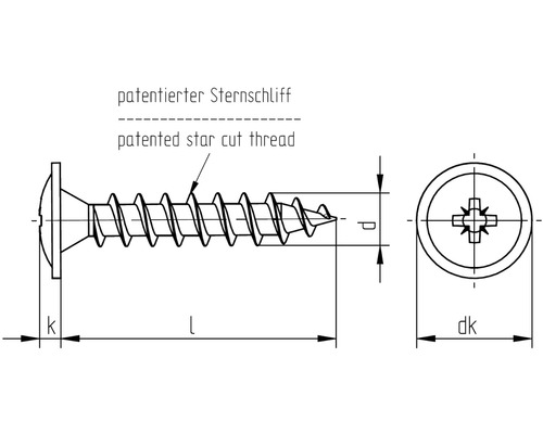 Technische tekening van een schroef met gepatenteerde sterslijping