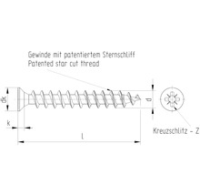 Technische tekening van een schroef met gepatenteerde sterslijping en kruiskop Z
