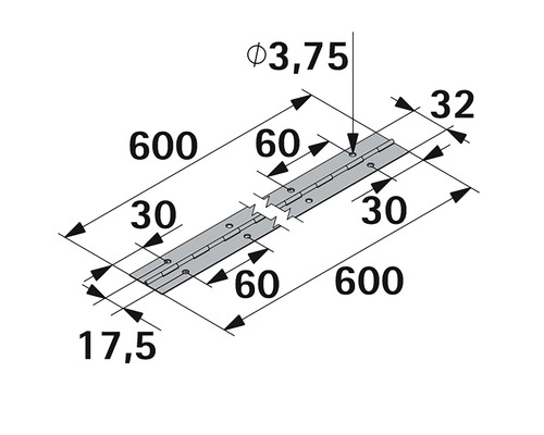 Technische tekening van een pianoscharnier met afmetingen