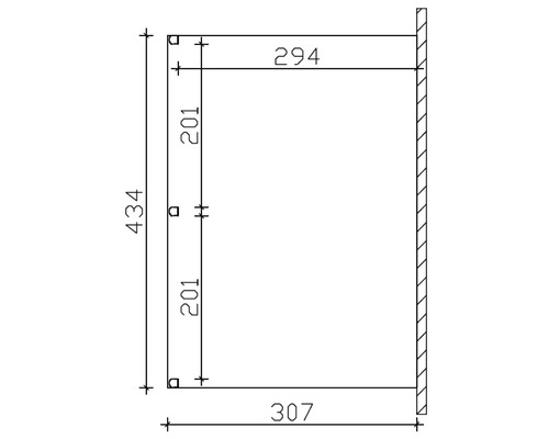 Technische tekening met afmetingen: hoogte 434, breedte 307, diepte 294, verticale elementen 201.