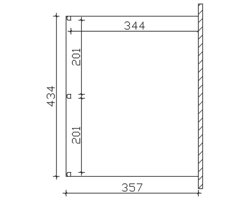 Technische tekening met afmetingen van een object: hoogte 434, breedte onder 357, breedte boven 344, zijhoogte 201.