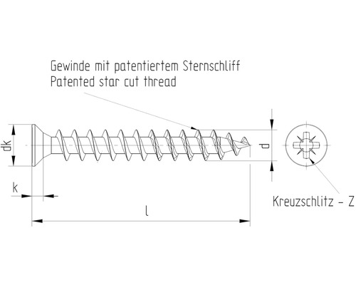 Technische tekening van een schroef met gepatenteerde sterslijping en kruiskop Z