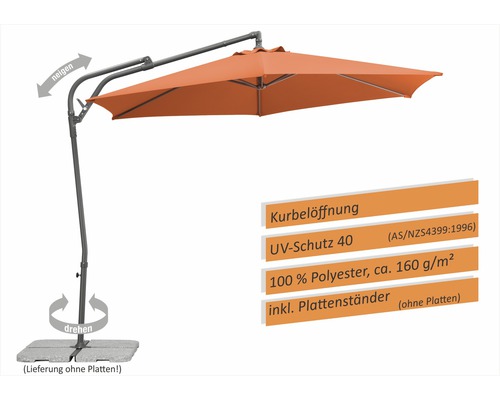 Vrijarm parasol met slingeropening, UV-bescherming 40 volgens AS/NZS4399:1996, van 100 procent polyester, circa 160 gram per vierkante meter, inclusief platenstandaard