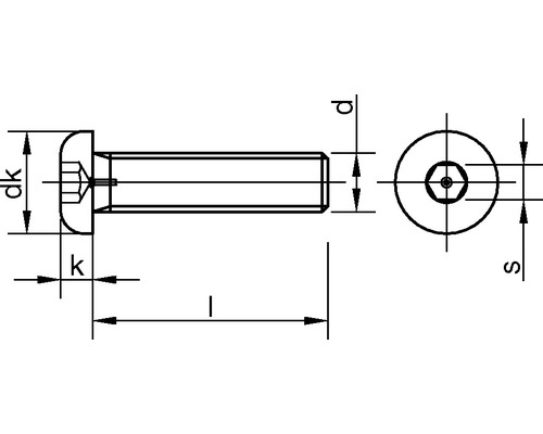 Technische tekening van een cilinderschroef met binnenzeskant