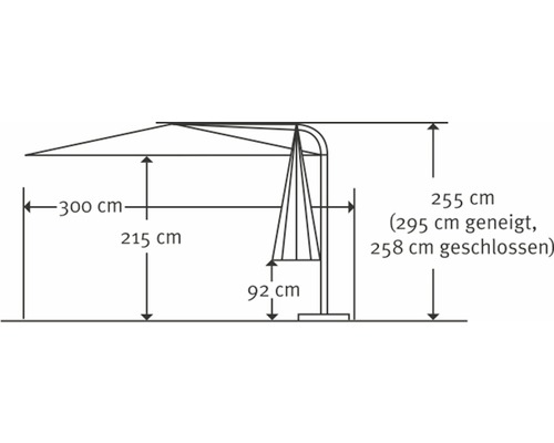 Afmetingen van een zweefparasol met gesloten en gekantelde parasol