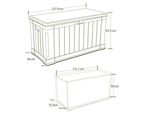 Afbeelding van de afmetingen van een opbergbox voor buiten