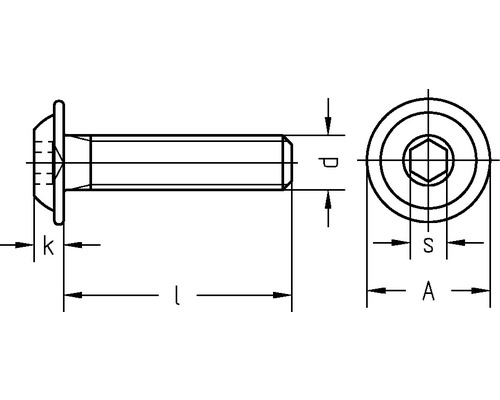 Technische tekening van een bolkopschroef met binnenzeskant