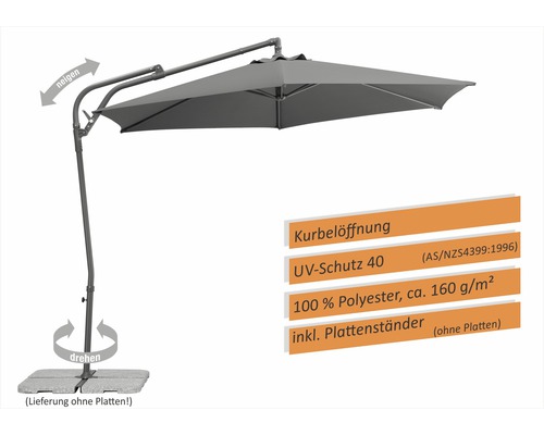 Vrijarmparasol met slingeropening, UV-bescherming 40, van 100 procent polyester met circa 160 gram per vierkante meter, inclusief platenstandaard maar zonder platen, kantelbaar en draaibaar.
