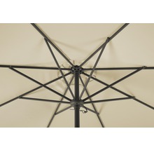 Onderaanzicht van een open parasol met metalen frame