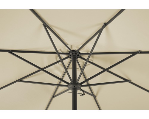 Onderaanzicht van een open parasol met metalen frame