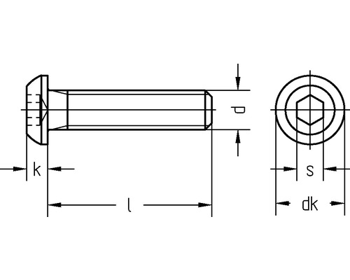 Technische tekening van een cilinderschroef met inbus