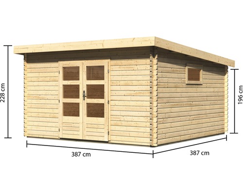 Houten tuinhuis met dubbele deur en raam, met afmetingen 387 x 387 x 228 cm