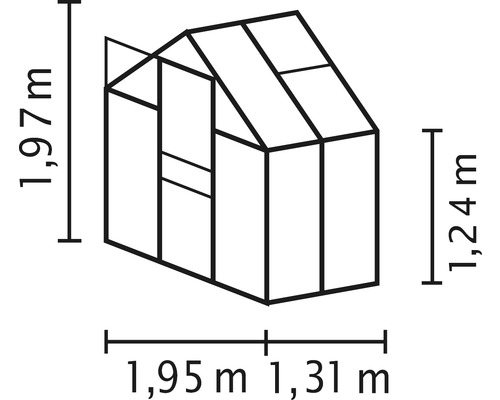 Technische tekening van een kas met hoogte- en breedteafmetingen