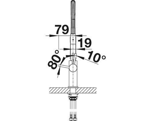 Technische tekening van een keukenkraan met afmetingen