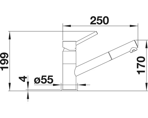 Technische tekening van een keukenkraan met afmetingen