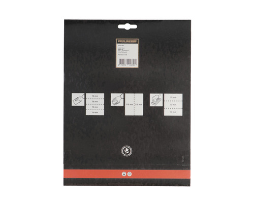 Proline Logo. Achterkant van de verpakking voor schuurpapier met maatinformatie.