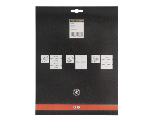 Achterkant van de verpakking van schuurpapier met maataanduidingen voor diverse schuurmachines