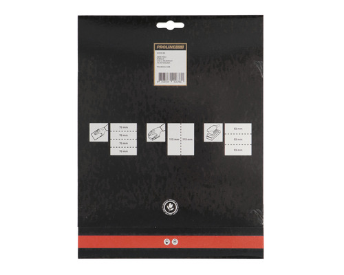 Proline Logo. Achterkant van de verpakking met informatie over schuurpapier