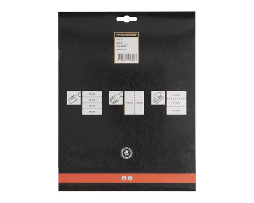 Achterkant van de verpakking van schuurpapier met maataanduidingen