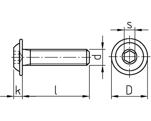 Technische tekening van een cilinderschroef met binnenzeskant