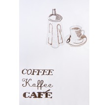 Textiel met koffiemotief, suikerpot, koffiekopje en tekst koffie