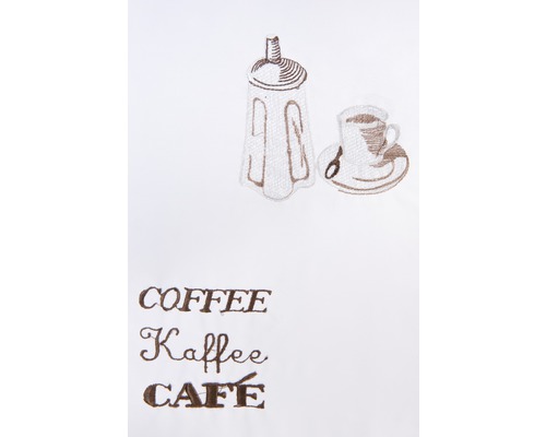 Textiel met koffiemotief, suikerpot, koffiekopje en tekst koffie