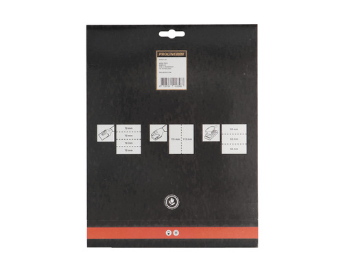 Achterkant van de Proline schuurpapierverpakking met details over korrel en gebruik