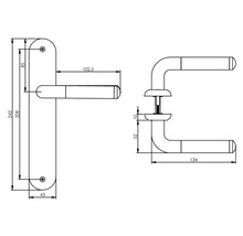 Technische tekening van een deurkruk met lang schild en afmetingen