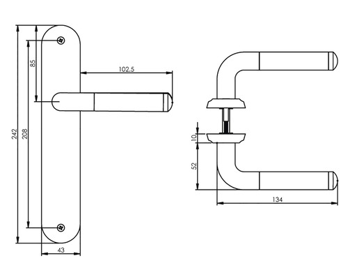 Technische tekening van een deurkruk met lang schild en afmetingen