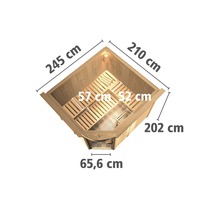 Bovenaanzicht van een sauna met de afmetingen 245 cm, 210 cm, 202 cm, 65,6 cm, 57 cm en 52 cm.