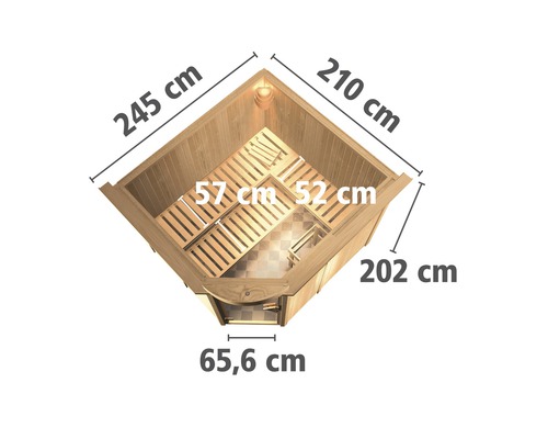 Bovenaanzicht van een sauna met de afmetingen 245 cm, 210 cm, 202 cm, 65,6 cm, 57 cm en 52 cm.