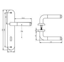 Technische tekening van een deurklink met maatvoering