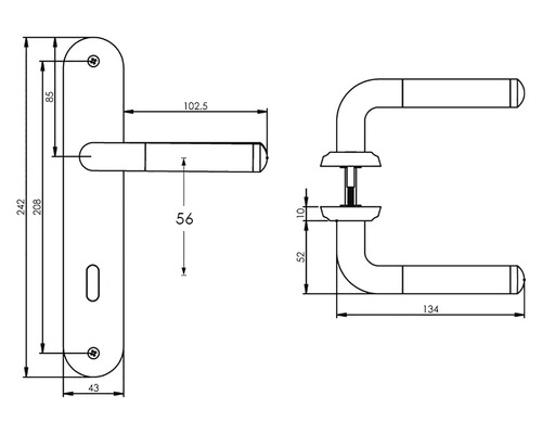 Technische tekening van een deurklink met maatvoering